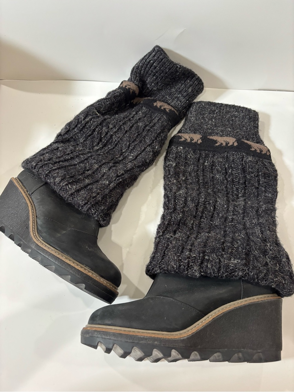 Sorel Black Wedge Heeled Boots with Knit Cuffs